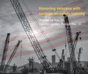 “Crawler-crane booms on a job site with a subtle American flag overlay and a dark text panel announcing Veterans Day training savings for U.S. military veterans.